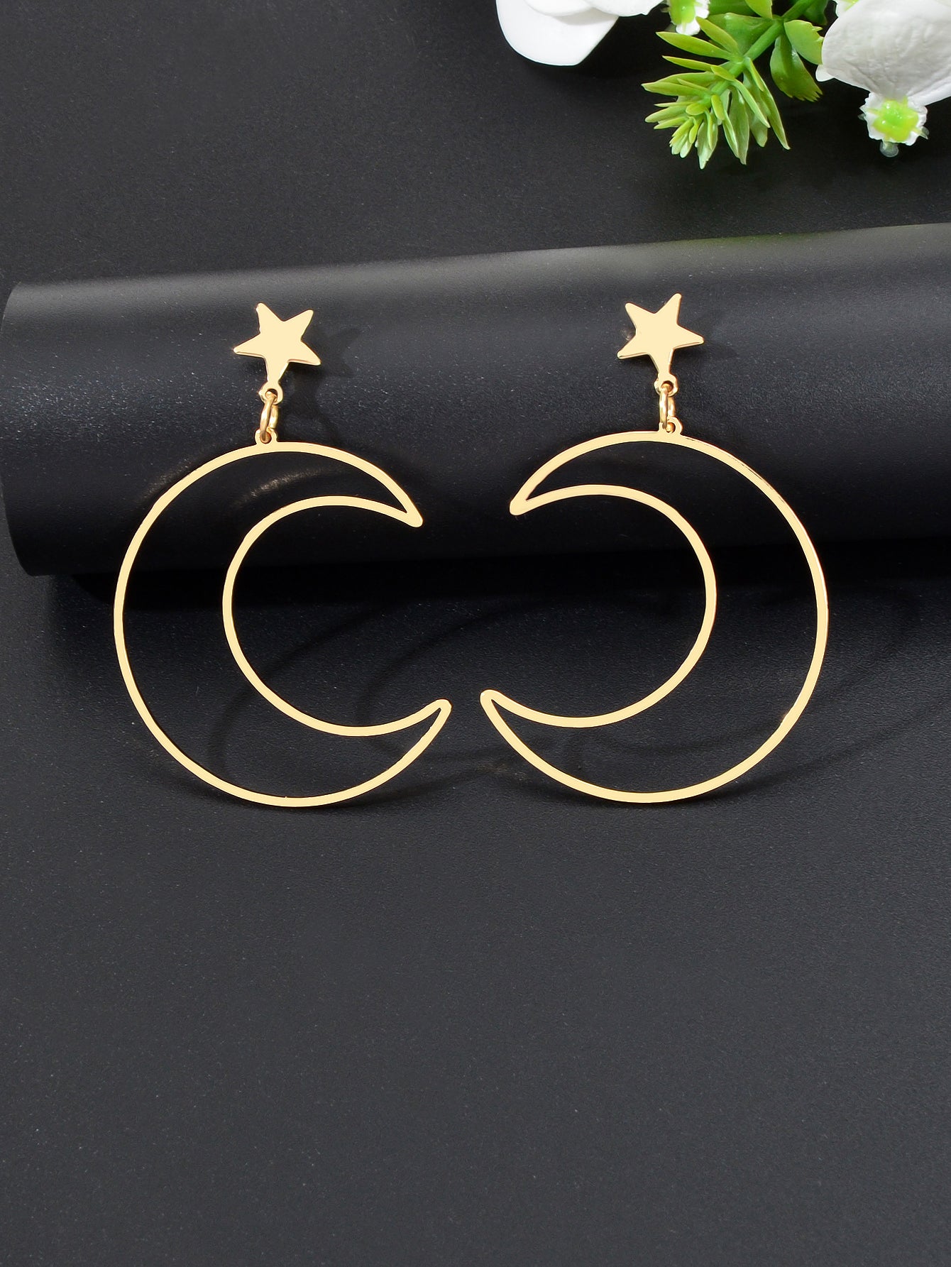 Hollow Out Large Moon Pendant Earrings Celestial Statement Jewelry Holiday Gift-1