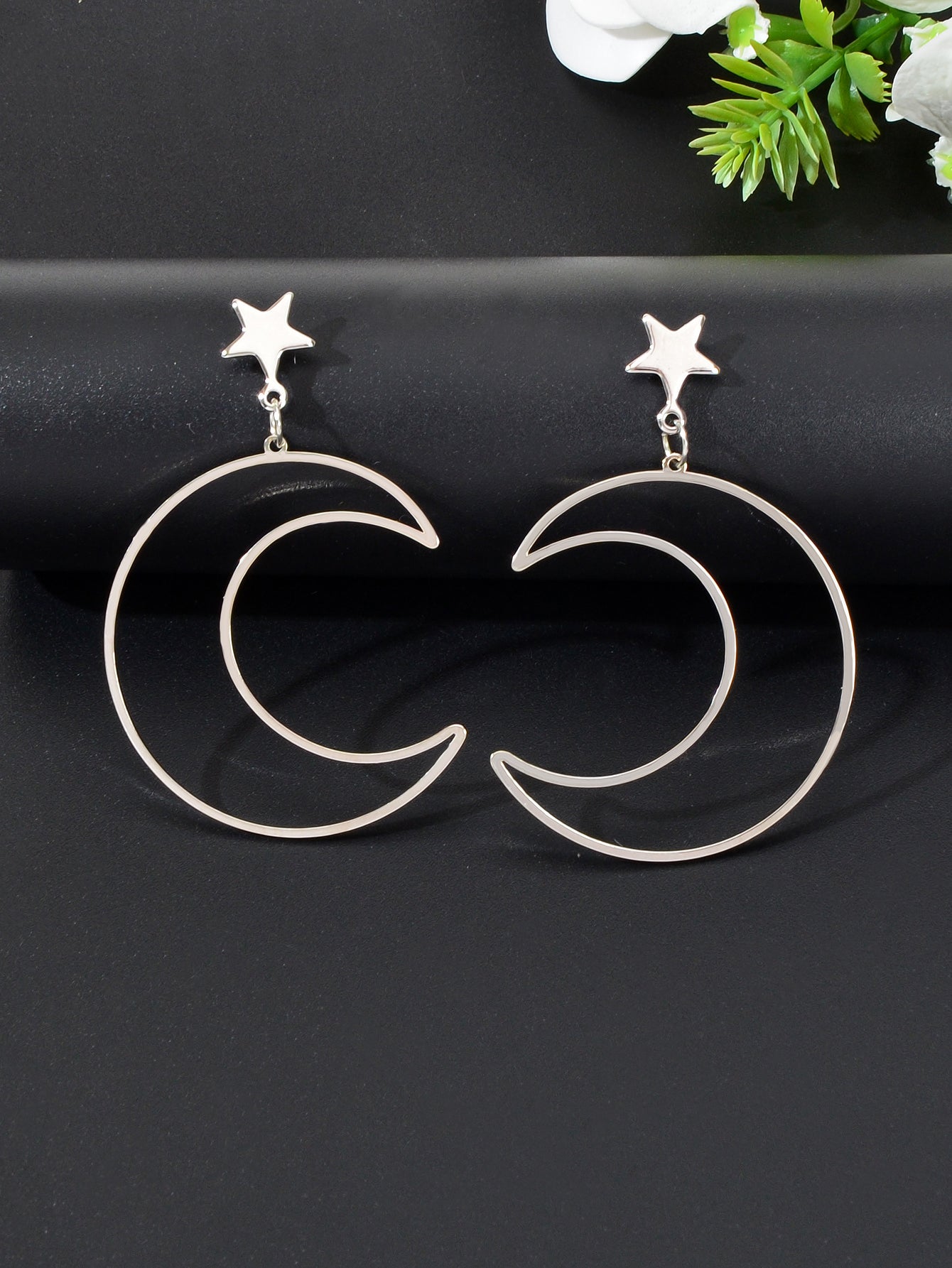 Hollow Out Large Moon Pendant Earrings Celestial Statement Jewelry Holiday Gift-2