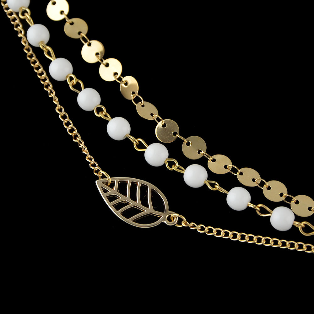 1 pc Foot Beach Jewellery Gold Silver Multi-layer Chain White Beads Leaf Anklet-4